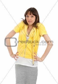 Portrait of a pretty young woman gesturing do not know sign
