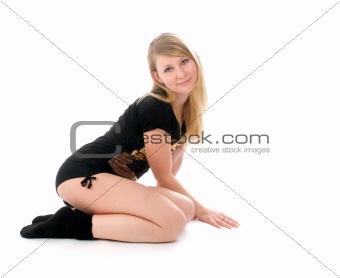 Young woman sitting isolated on white background