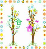tree with birds with birdhouse and colorful flower