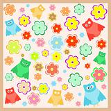 wallpaper with funny cartoon owl with flowers background