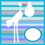 Stork delivering a bag with baby on striped blue background