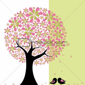 Springtime flower tree with lovebird