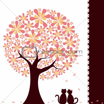 Springtime flower tree with love cats