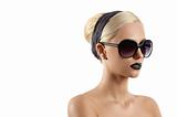 fashion shot of blond girl with sunglasses against white background