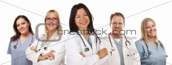Friendly Hispanic Female Doctor and Colleagues Isolated on a White Background.