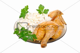 Fried chicken with rice garnish