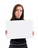 sad woman with a blank sheet of paper in her hands