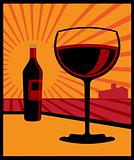 An illustration of a wine bottle and glass of red wine.