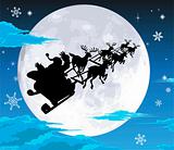 Santa in sled silhouette against full moon
