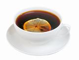Cup on saucer with tea and slice of lemon