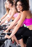 Females cycling in spinning class in gym