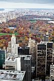 Manhattan buildings and central park at fall.