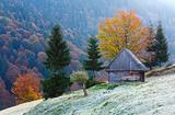 autumn mountain view with shed