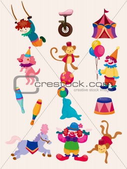 cartoon happy circus show icons collection
