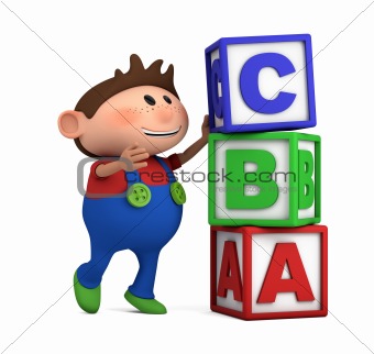 school boy with ABC cubes