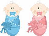 Two baby in diapers with pacifiers, vector illustration