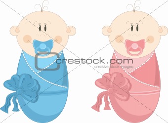 Two baby in diapers with pacifiers, vector illustration