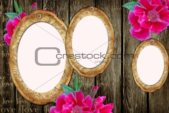 vintage paper frames over grunge wood background 