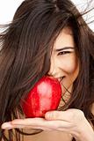 smiling female red apple