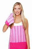 Blond woman wearing kitchen apron