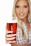 Young woman giving beer
