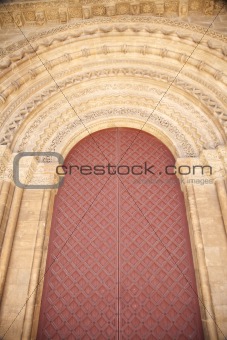 red door at Lleida cathedral