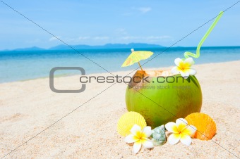 Ocean beach with palm and and exotic cocktail