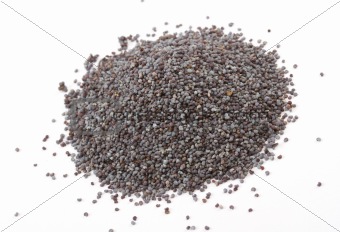 Macro photo of poppy seeds isolated on white