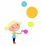 Cute blond little Girl blowing colorful Soap Bubbles isolated on
