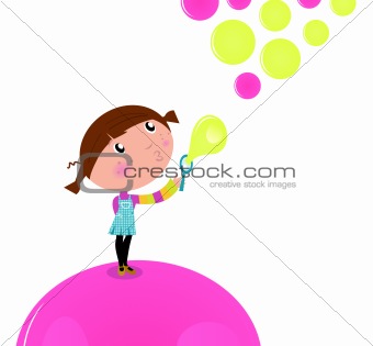 Cute little Kid blowing Soap bubbles isolated on white

