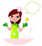 Young beautiful woman with speech bubble cooking in the kitchen
