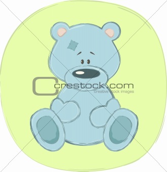 Blue teddy bear (sticker), vector illustration