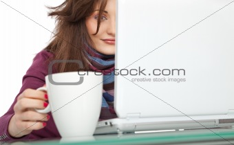 Young woman cup laptop
