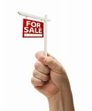 For Sale Real Estate Sign In Male Fist Isolated On a White Background.