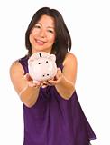 Smiling Hispanic Woman Holding Piggy Bank Isolated on a White Background.