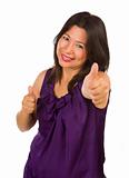 Happy Hispanic Woman with Thumbs Up Isolated on a White Background.