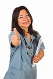 Happy Attractive Hispanic Doctor or Nurse with Thumbs Up Isolated on a White Background.