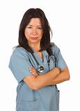 Serious Hispanic Doctor or Nurse Isolated on a White Background.