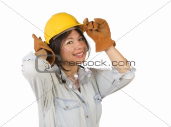Attractive Smiling Hispanic Woman Wearing Hard Hat, Goggles and Leather Work Gloves Isolated on a White Background.