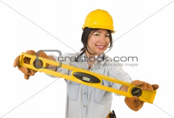 Attractive Hispanic Woman with Hard Hat Holding Level Isolated on a White Background.