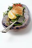 fish and salad on earthenware platter