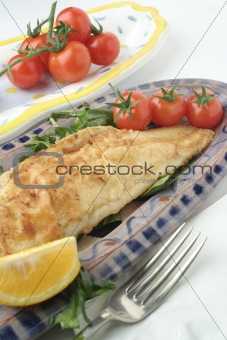 fish dinner and salad; ceramic platters