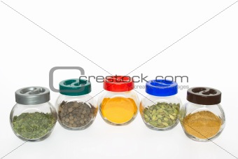 Jars with various spices (fenugreek,allspice tree, turmeric, car