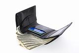 Black wallet with dollars isolated on white background