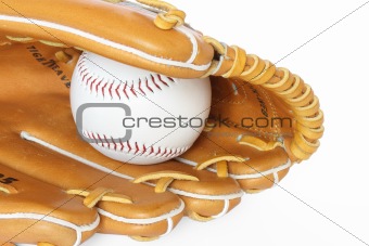 Baseball catcher mitt with ball isolated on white background clo
