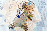 Outline map of Netherlands with transparent euro banknotes in ba