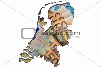 Outline map of Netherlands with euro banknotes in background 