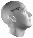 3D render of a human head with barcode stamp