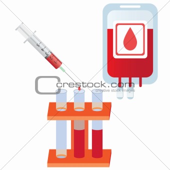 Syringe with blood, tubes and bag with blood.