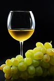 Glass of wine and a bunch of grapes on a black background.
